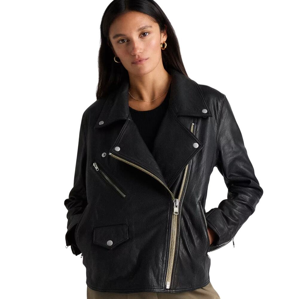 EUC Quince Women’s M 100% Leather Oversized Biker Jacket True Black Luxury $250